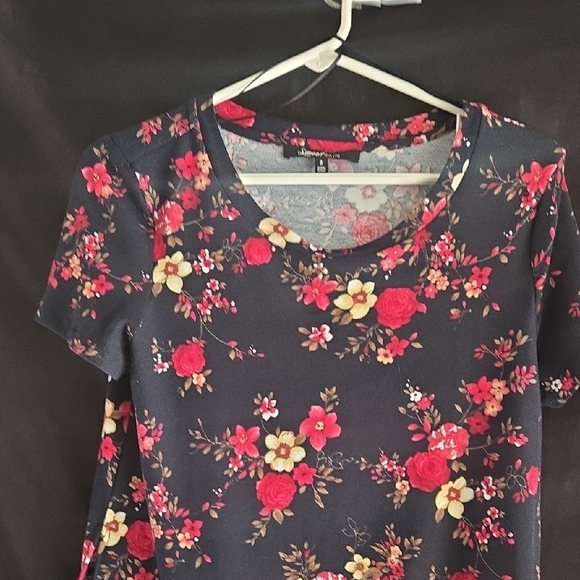 Sweet Rain Black Midi Dress with Red and Yellow Floral Design - Picture 3 of 6